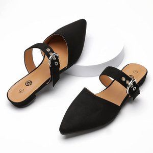 Adjustable strap pointed toe backless loafer shoes